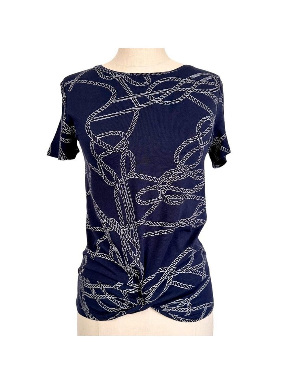 Dex Short Sleeve Patterned Top Navy Blue Womens Small Twist Tie Front - Picture 10 of 10